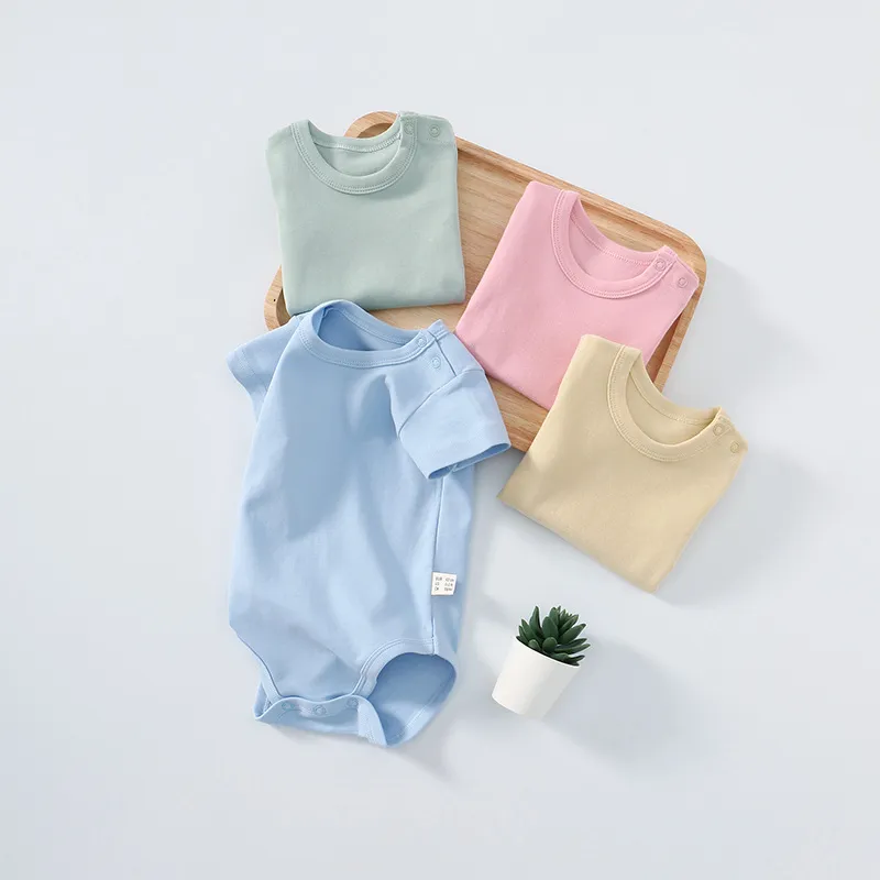 Kids Baby Boys Girls Casual Basic Solid Color Short Sleeve Triangle Climb Romper