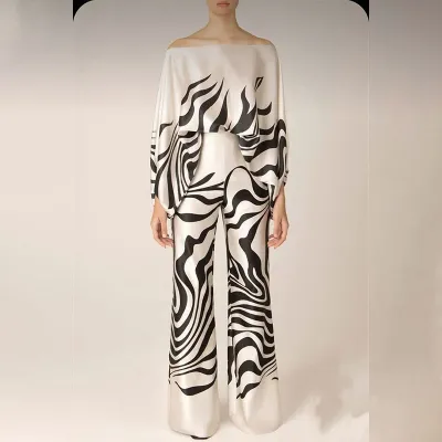 Women Fashion Stripe Floral Print Off Shoulder Long-Sleeved Top Wide-Leg Pants Two-Piece Set