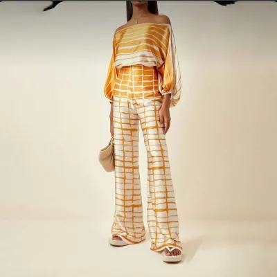 Women Fashion Stripe Floral Print Off Shoulder Long-Sleeved Top Wide-Leg Pants Two-Piece Set