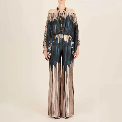 Women Fashion Stripe Floral Print Off Shoulder Long-Sleeved Top Wide-Leg Pants Two-Piece Set