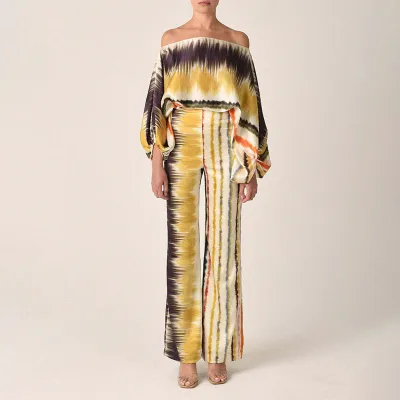 Women Fashion Stripe Floral Print Off Shoulder Long-Sleeved Top Wide-Leg Pants Two-Piece Set