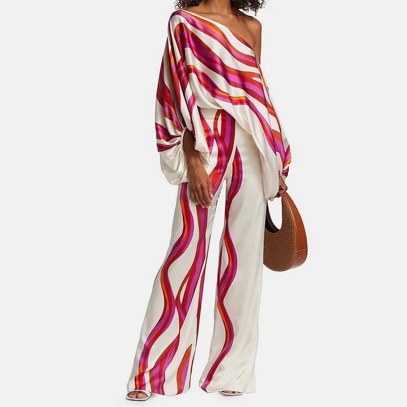 Women Fashion Stripe Floral Print Off Shoulder Long-Sleeved Top Wide-Leg Pants Two-Piece Set