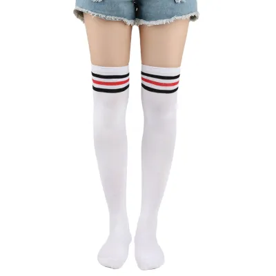 Women Fashion Three Bar Knee Long Socks - Polyester Cotton Leisure Solid Color