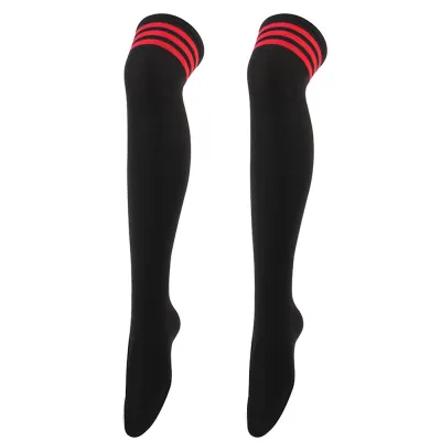 Women Fashion Three Bar Knee Long Socks - Polyester Cotton Leisure Solid Color