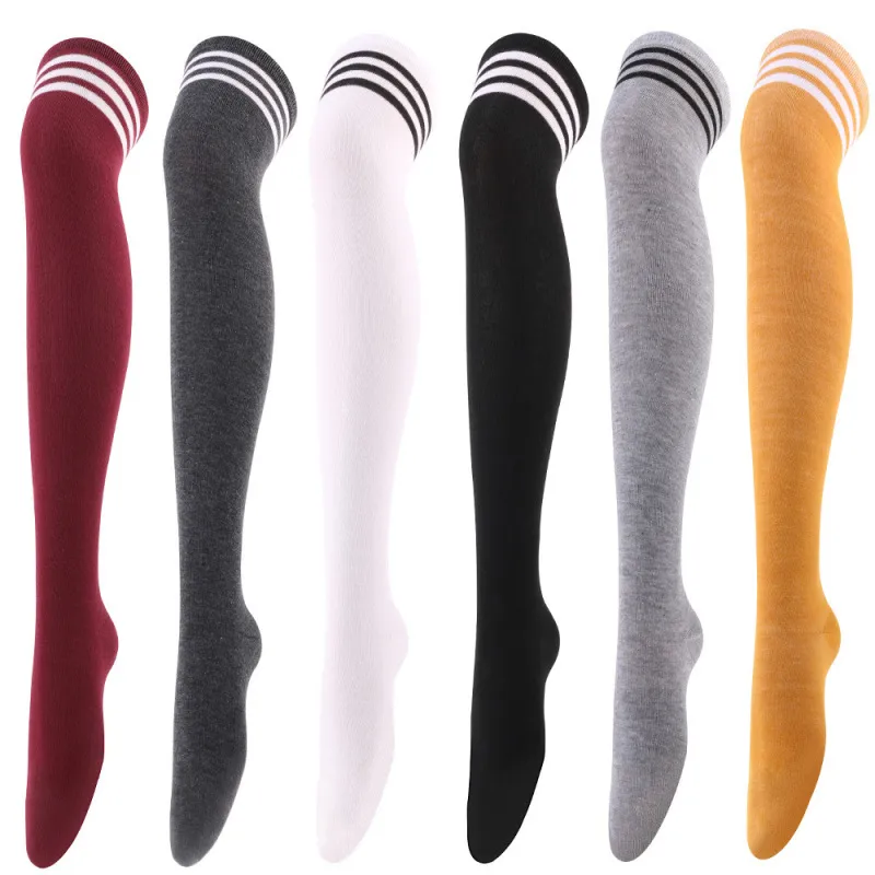 Women Fashion Three Bar Knee Long Socks - Polyester Cotton Leisure Solid Color