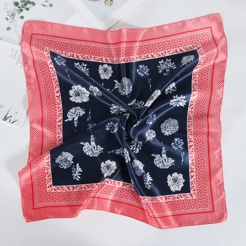 Women Fashion Floral Print 60cm Square Simulation Silk Scarf