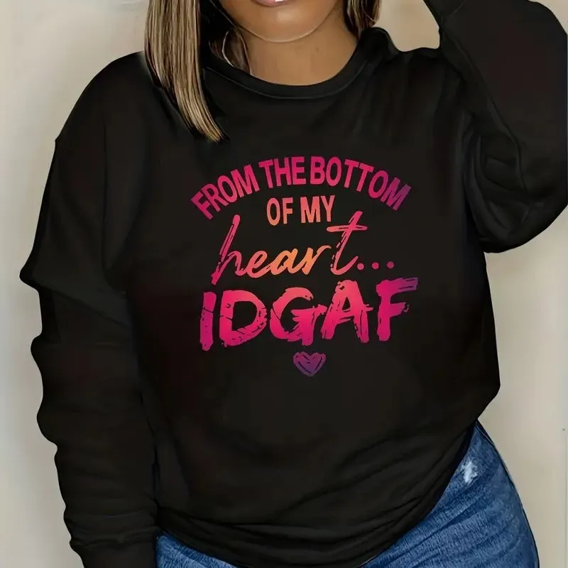 Women Minimalist Alphabet Print Plus Size Long Sleeve Pullover Sweatshirt