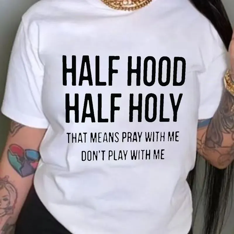 Women Letter Printed Round Neck Short Sleeve Plus Size T-Shirt
