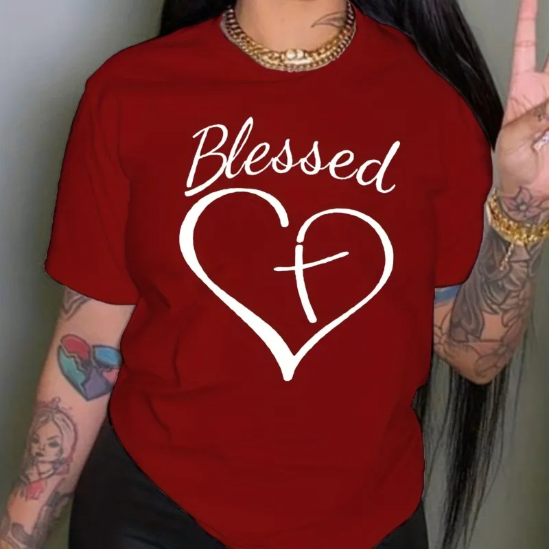 Women Plus Size Milk Fiber Street Hipster Letter Heart Print Round Neck Short Sleeve T-Shirt
