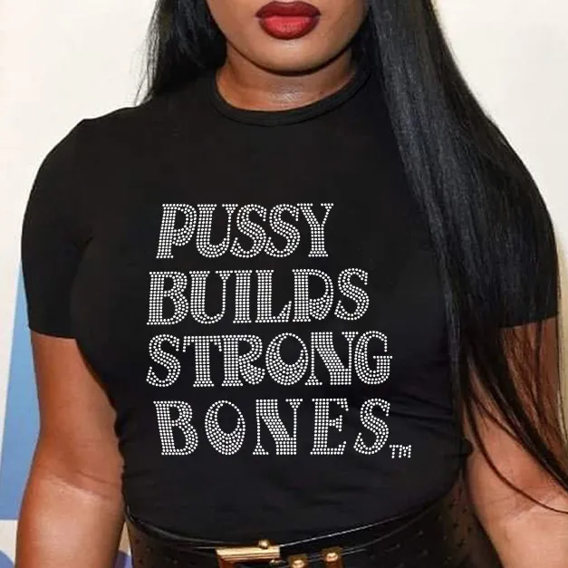 Women Fashion Letter Rhinestone Round Neck Short Sleeve Plus Size T-Shirt