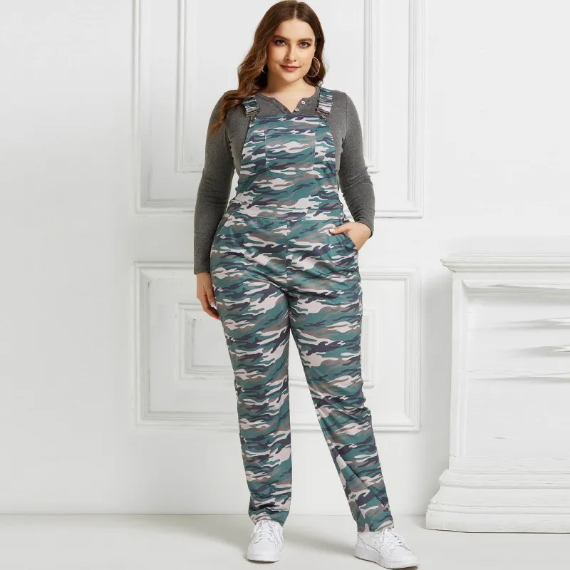 Women Plus Size Camouflage Printed Strap Jumpsuits Street Hipster Style