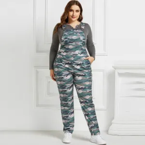 Women Plus Size Camouflage Printed Strap Jumpsuits Street Hipster Style