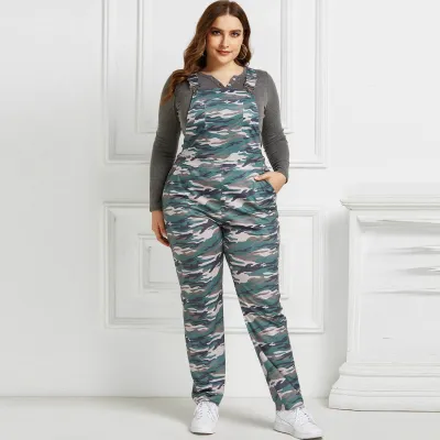 Women Plus Size Camouflage Printed Strap Jumpsuits Street Hipster Style