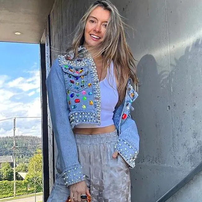Women Street Hipster Rhinestone Beaded Short Denim Jacket