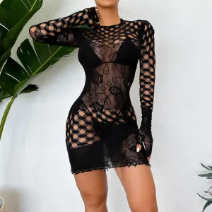 Women Nightclub Sexy Hollow See-Through Long Sleeve Mesh Mini Dress
