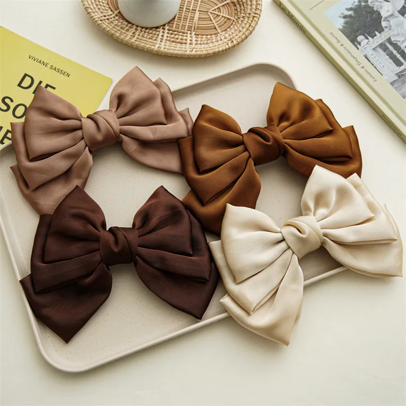 Women Three-Layer Coffee Big Bow Satin Spring Clip Hair Accessories