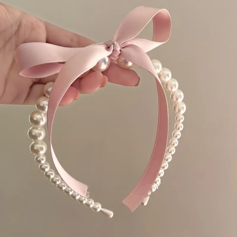 Fashion Sweet Women Bow Ribbon Pearl Headband Elegant Hair Accessories