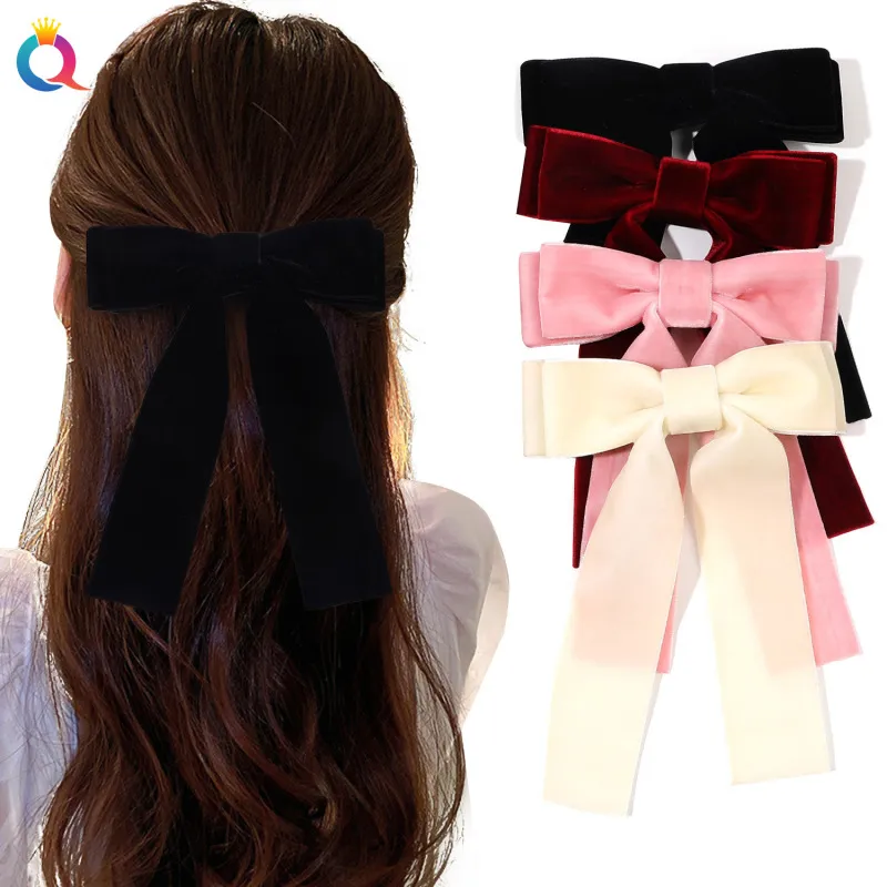 Sweet Women Ribbon Velvet Bow Simple Duckbill Hair Clip Accessories