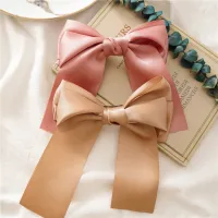 Cloth Colored Bow Ribbon Steel Clip Solid Color Knotted Women Hair Spring Clip Jewelry