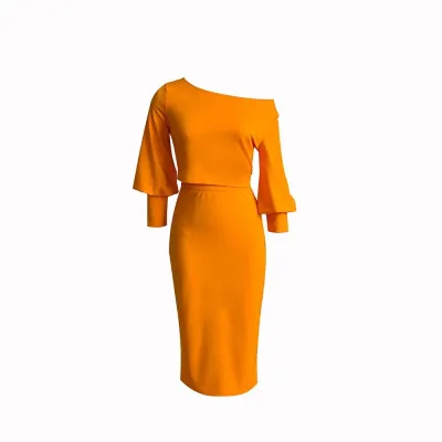 Women Casual Plus Size Solid Color Oblique Shoulder Long Sleeve Top High Waist Skirt Two-Piece Set