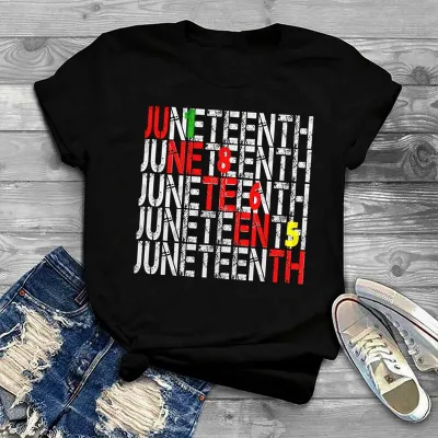 Women Casual Juneteent Letter Print T-Shirt Crewneck Short Sleeve