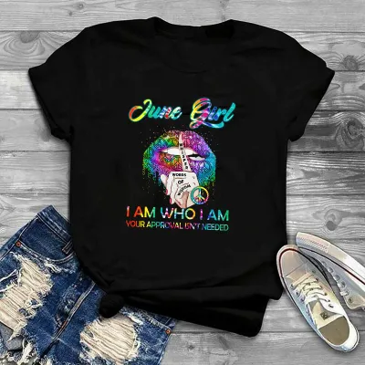 Women Casual Juneteent Letter Print T-Shirt Crewneck Short Sleeve