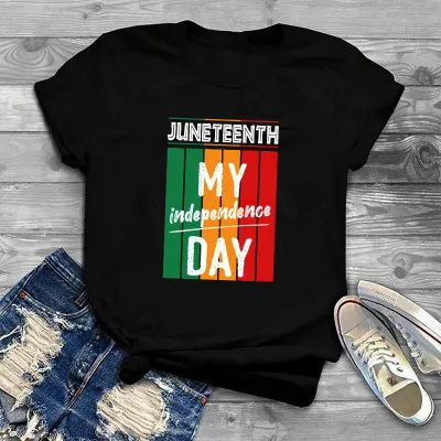Women Casual Juneteent Letter Print T-Shirt Crewneck Short Sleeve