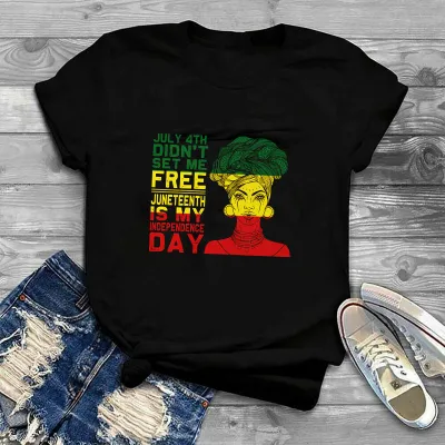 Women Casual Juneteent Letter Print T-Shirt Crewneck Short Sleeve