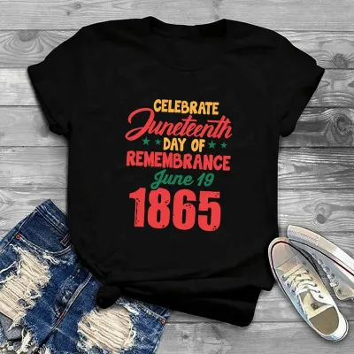 Women Casual Juneteent Letter Print T-Shirt Crewneck Short Sleeve