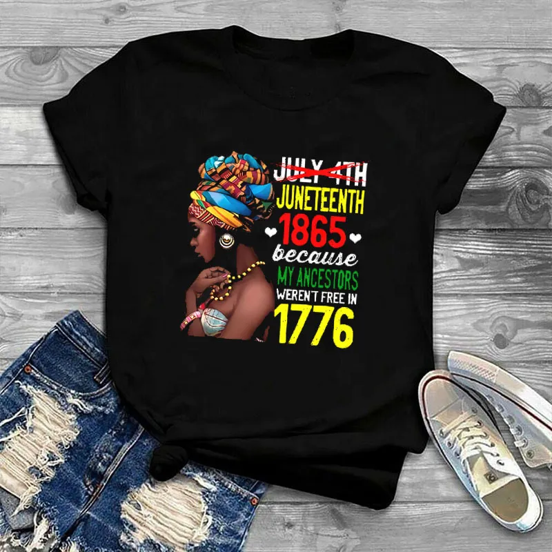 Women Casual Juneteent Letter Print T-Shirt Crewneck Short Sleeve