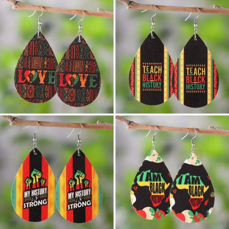 Juneteenth Black Festival Calendar Theme Drop Shape PU Leather Party Earrings