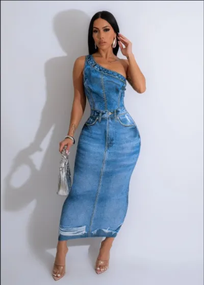 Women Fashion Sexy 3D Printed Oblique Shoulder Hip Dress