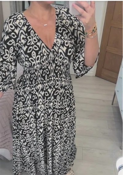 Women Fashion Casual V-Neck Tiny Flower Print Maxi Dress