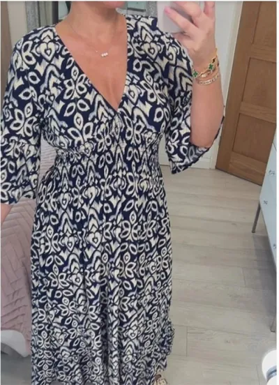Women Fashion Casual V-Neck Tiny Flower Print Maxi Dress