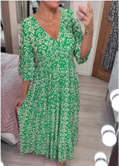 Women Fashion Casual V-Neck Tiny Flower Print Maxi Dress