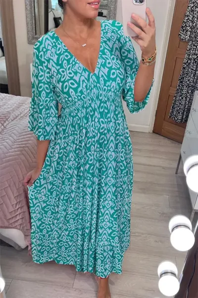 Women Fashion Casual V-Neck Tiny Flower Print Maxi Dress