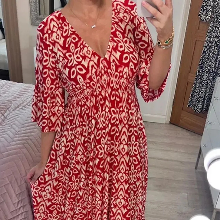 Women Fashion Casual V-Neck Tiny Flower Print Maxi Dress