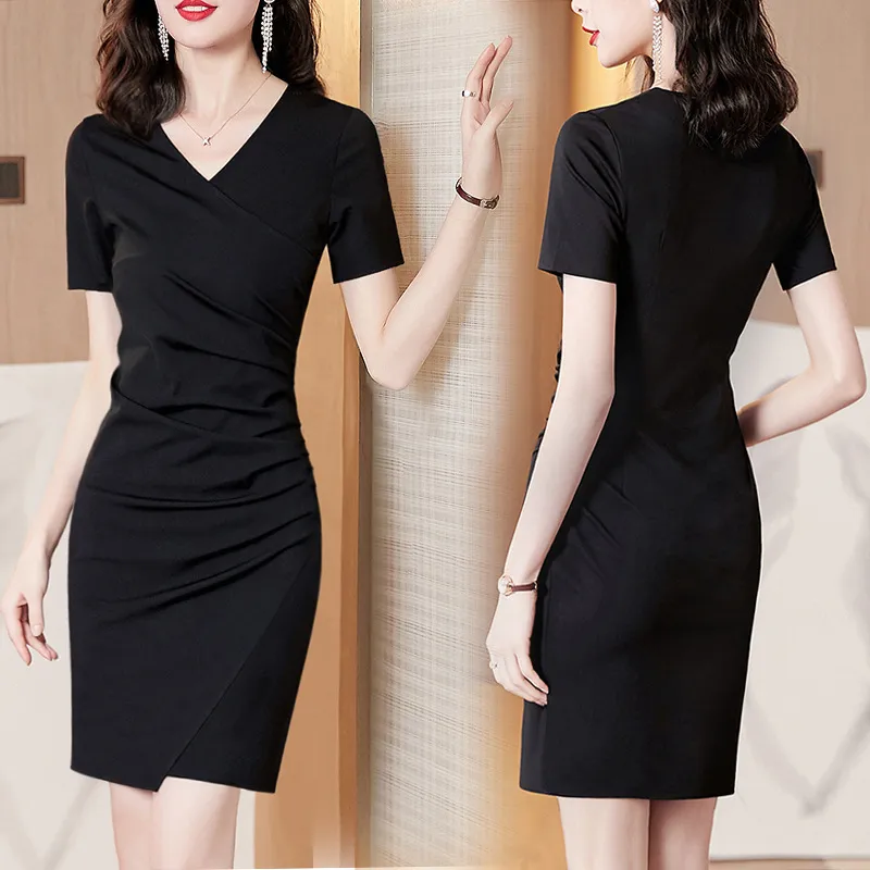 Summer Women Fashion Elegant V-Neck Solid Color Creased Dress