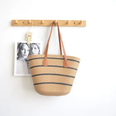 Simple Large Capacity Stripe Straw Woven Tote Bag Shoulder Bag