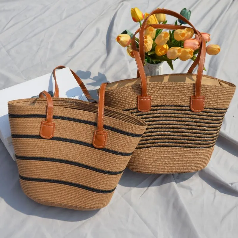 Simple Large Capacity Stripe Straw Woven Tote Bag Shoulder Bag