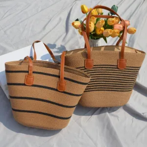 Simple Large Capacity Stripe Straw Woven Tote Bag Shoulder Bag