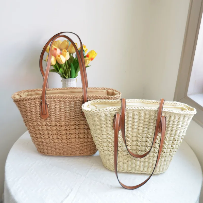 Fashionable Large Capacity Straw Woven Shell Tote Bag with Zipper Closure Shoulder Bags