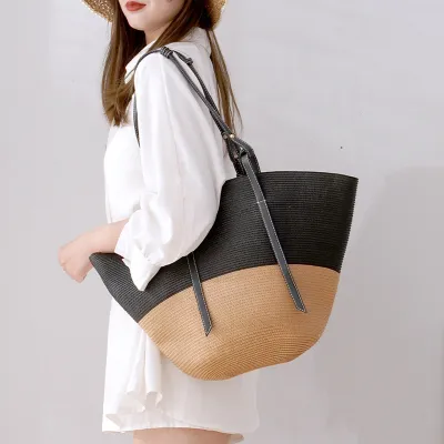 Fashion Large Capacity Woven Shoulder Bag with Oval Shape Polyester Fiber Closure