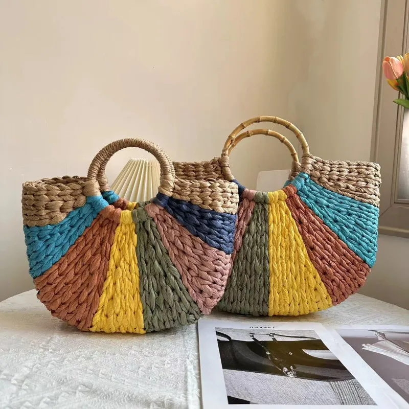 Fashion Multicolor Semi-Round Woven Straw Handbag
