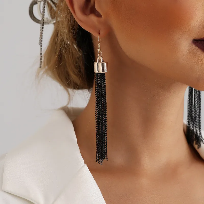 Fashion Black Tassel Long Earrings Geometric Metal