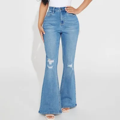 Women Fashion Stretch Ripped Flared Jeans