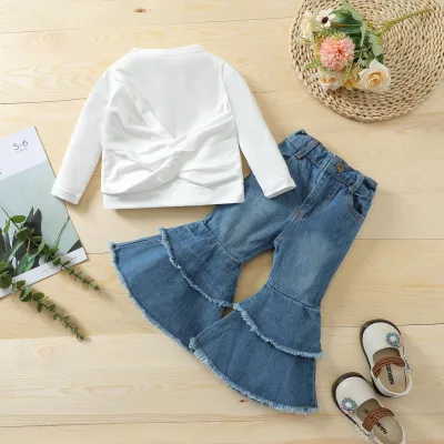 Kids Toddler Girls Casual Cute Solid Color Long Sleeve Round Neck Top Denim Flare Trousers Set