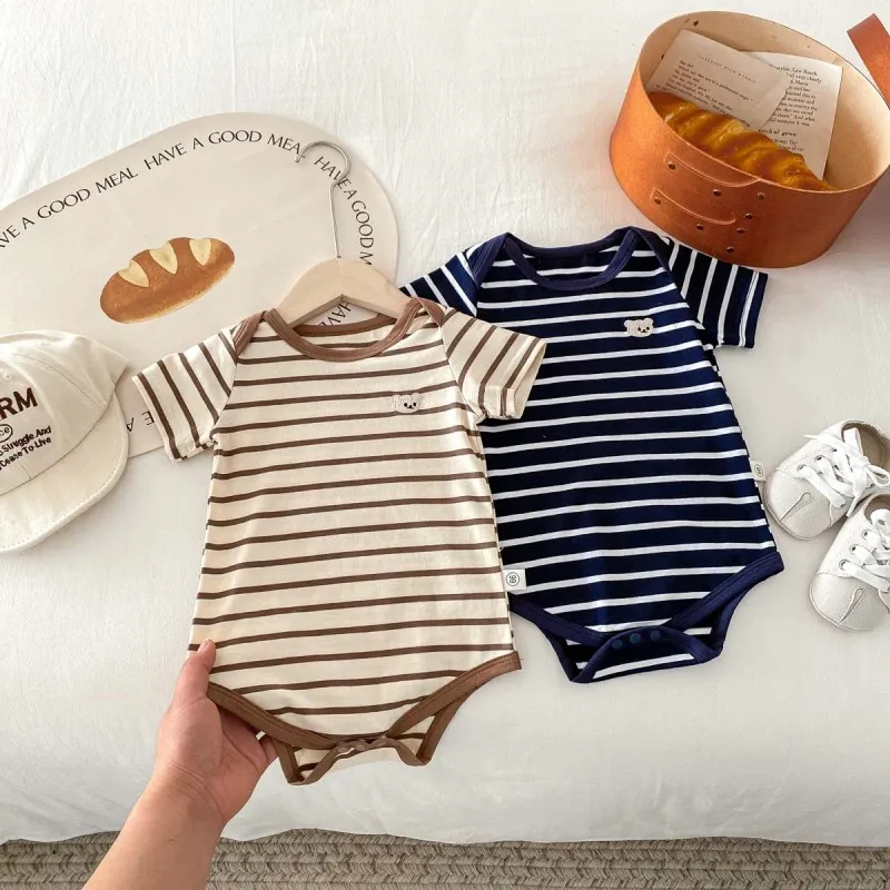 Kids Baby Boys Girls Casual Cute Stripe Short Sleeve Round Neck Romper Triangle Climb Cotton 95%