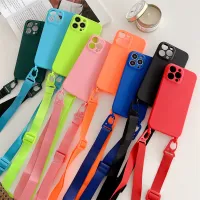 Women Simple Solid Color Apple Phone Case With Lanyard