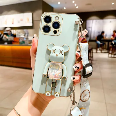 Women Cartoon Cute Bear Folding Bracket Crossbody Lanyard Apple Phone Protective TPU Case